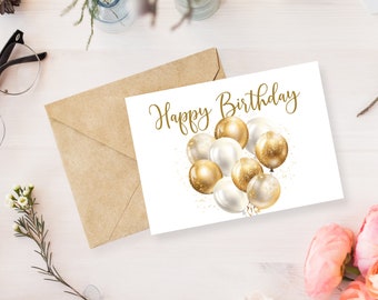Happy Birthday Card, Digital Download Printable Birthday Card Featuring Watercolor Gold and White Balloons, Printable Happy Birthday Card