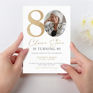 Gold Zahl 80. Geburtstag Einladung Vorlage, 80. Geburtstagseinladung mit Foto, Einfache 80er Einladung, Siebziger Geburtstag, 80THBI