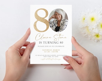 Gold Number 80th Birthday Invitation Template, 80th Birthday Invitation with Photo, Simple 80th Invitation, Seventy Birthday, 80THBI