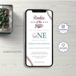 Digital Baseball First Birthday Mobile Phone Invitation Template, Rookie Of The Year Invite, Baseball Birthday Party, Boy Birthday Invite