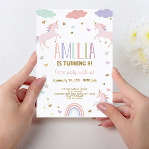 Editable Unicorn Birthday Invitation Template, Magical Party Invite, Girl Pink Pastel First Digital Unicorn Party Invite,Rainbow Invite, UNC