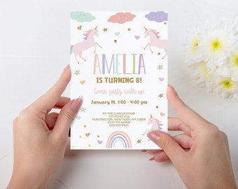 Plantilla editable de invitación de cumpleaños de unicornio, invitación a fiesta mágica, invitación a fiesta de unicornio digital de niña rosa pastel, invitación de arco iris, UNC