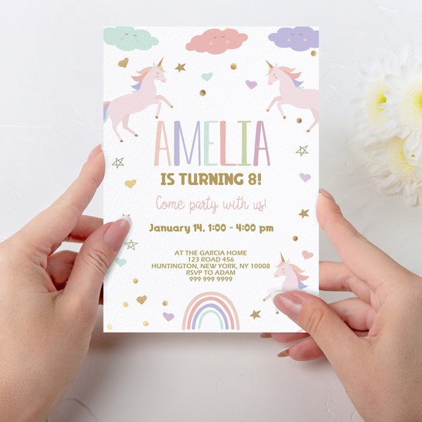 Editable Unicorn Birthday Invitation Template, Magical Party Invite, Girl Pink Pastel First Digital Unicorn Party Invite,Rainbow Invite, UNC