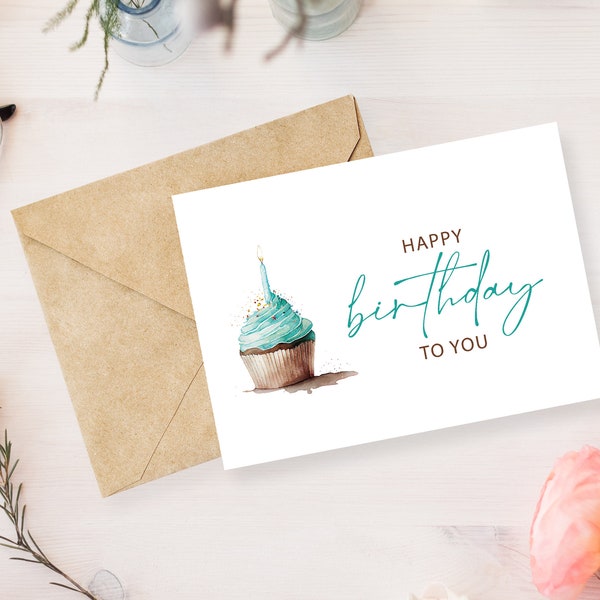 Happy Birthday Card, Digital Instant Download Printable Birthday Card Featuring Colorful Cupcake, Printable Happy Bday Card, Printable Card