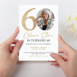 Gold Number 60th Birthday Invitation Template, 60th Birthday Invitation with Photo, Simple 60th Invitation, Seventy Birthday, 60THBI