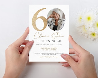 Gold Number 60th Birthday Invitation Template, 60th Birthday Invitation with Photo, Simple 60th Invitation, Seventy Birthday, 60THBI