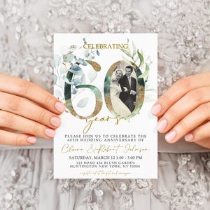 Modèle modifiable d'invitation de mariage floral vert doré pour 60e anniversaire de mariage, modèle modifiable d'invitation avec photo d'anniversaire d'or, avec photo, 60THA
