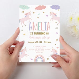 Editable Unicorn Birthday Invitation Template, Magical Party Invite, Girl Pink Pastel First Digital Unicorn Party Invite,Rainbow Invite, UNC