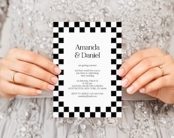 Checkered Wedding Invitation Template, Wedding Invitation, Whimsical Wedding Invitation, Chess Pattern Printable, Editable Instant Download