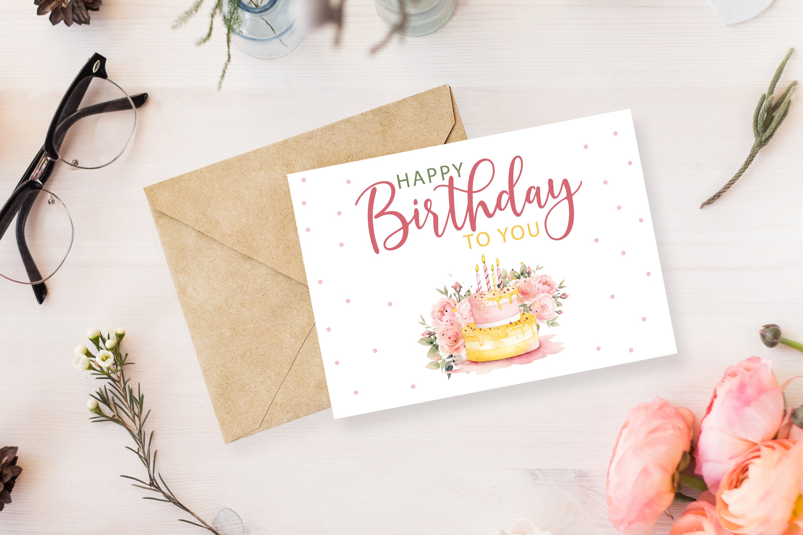 Happy Birthday Card, Digital Download Printable Birthday Card, Watercolor Pink and Yellow, Pink flowers, Printable Happy Birthday Card,