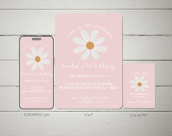 May include: Pink and white printable invitation with a daisy design. The invitation says "Join us to celebrate Amelie's 1st Birthday" and includes the date, time, and address. There is also a smaller thank you card with a daisy design that says "Thank you for coming to my party, Love Amelia."