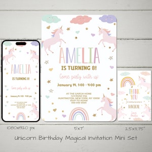 Unicorn Birthday Party Mini Set, Magic Party Set, Invitation, Mobile Invitation, Favor Gift Tags, Invitation Bundle, UNC