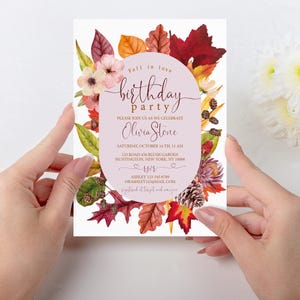 Fall Floral Birthday Party Invitation Template, Autumn Woman&#39;s Birthday Invite, Fall Foliage, Leaves, Fal in love, Pinecones Bday,