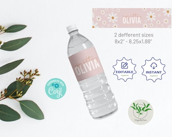 Daisy Water Bottle Label Template, Two Defferent Sizes, Printable Wrappers, Birthday Decor, Instant Download, Editable Template, DISY