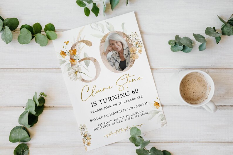 Gold Floral Number 60th Birthday Invitation Template, 60th Wildflower