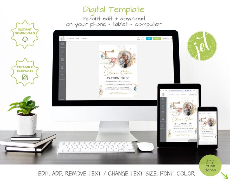 Gold Floral Number 60th Birthday Invitation Template, 60th Wildflower