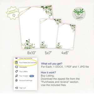 May include: Three printable digital paper designs with a green eucalyptus leaf border and gold accents. The papers are available in three sizes: 8x10 inches, 5x7 inches, and 4x6 inches.