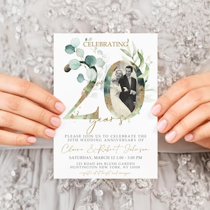 Gold Green Floral 20th Wedding Anniversary Invitation Template, Golden Anniversary Photo Invitation, Editable With Photo Template, 20THA