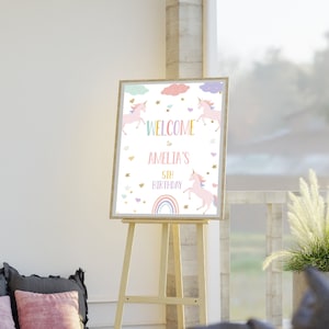 Unicorn Birthday Welcome Sign Template, Magical Party Decor Girl Pink Pastel First Digital Unicorn Party Template, Rainbow Theme, UNC