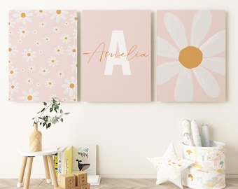 Custom Set of 3 Daisy Wall Art Prints, Personalized Name Sign, Girl Room Decor Floral, Gallery Wall Art, Neutral Boho Nursery Decor, WART