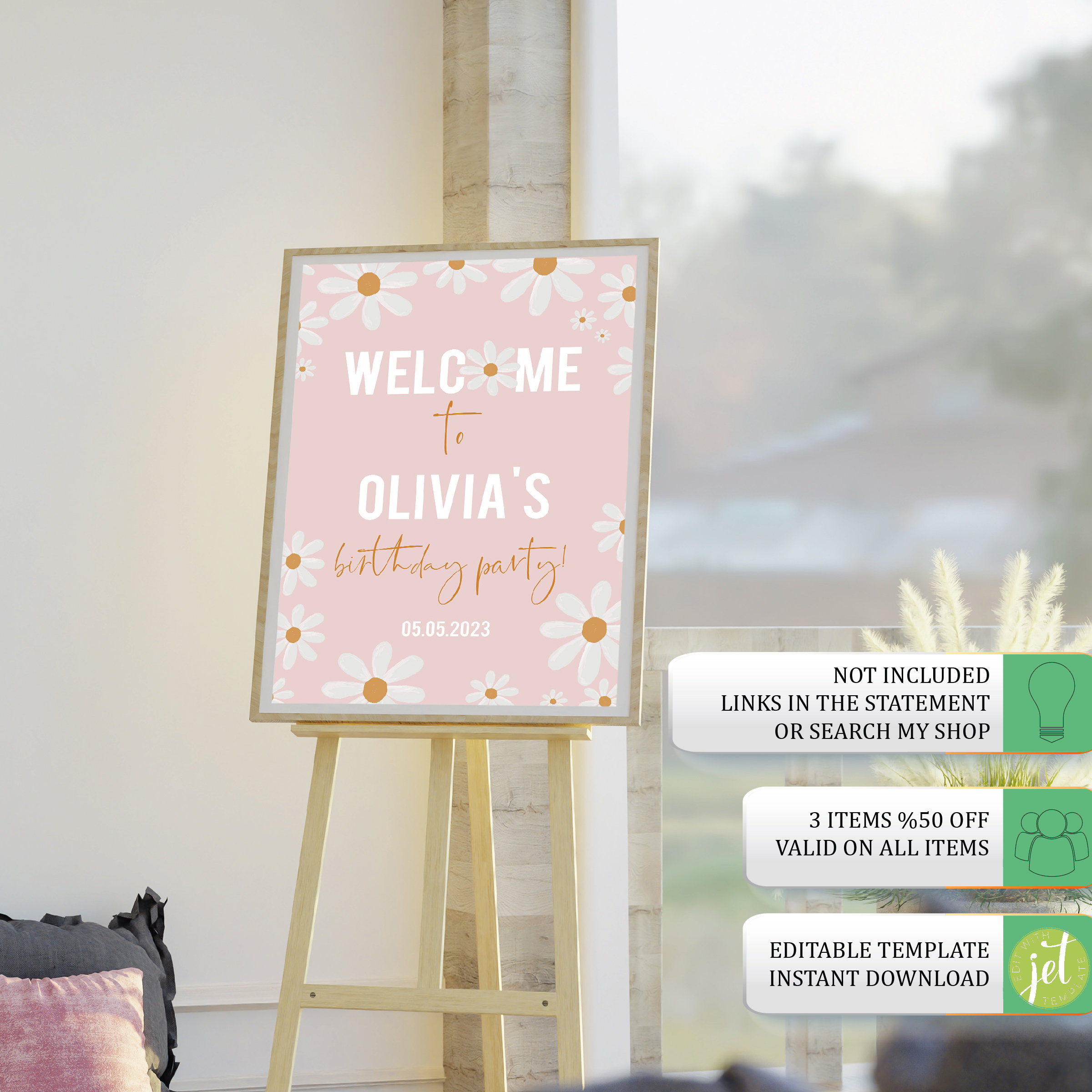 May include: A pink printable welcome sign with white daisies and gold text that says "Welcome to Olivia's birthday party! 05.05.2023".