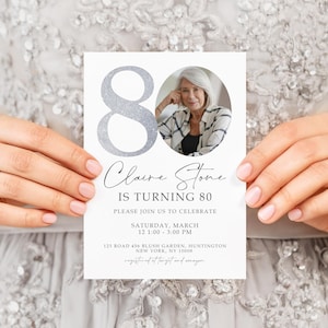 Silver Number 80th Birthday Invitation Template, 80th Birthday Invitation with Photo, Simple 80th Invitation, Seventy Birthday, 80THBI