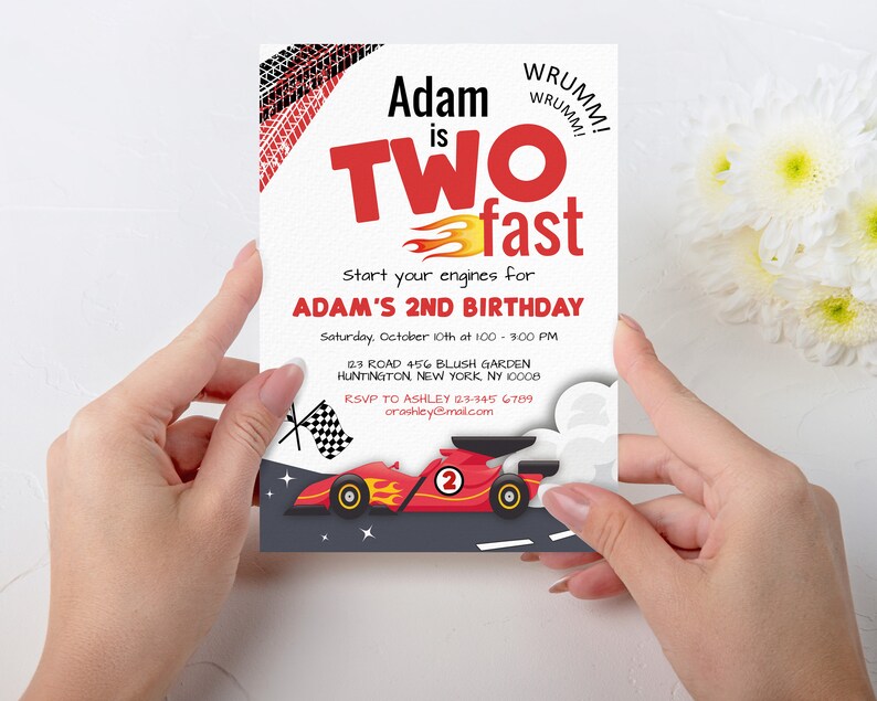 Race Car 2nd Birthday Invitation Template Boy Or Girl Red Black White Car Racing TWO Fast Birthday Party InvitationInstant