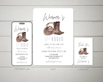First Birthday Rodeo Invitation Set Template, Our Little Cowboy is One Wild West My 1st Birthday, Editable Template, Western Invite, RDEOB