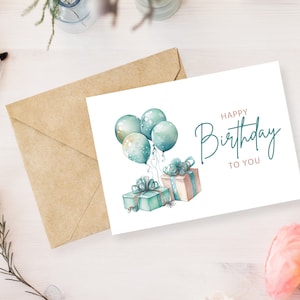 Cartão de Feliz Aniversário, Cartão de Aniversário Digital Instantâneo para Download Imprimível, Balões de Aniversário em Aquarela e Embrulho para Presente, Cartão de Feliz Aniversário