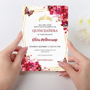 Ruby Dark Red Floral Butterflies Quinceañera Invitation Template, Mis Quince 15 Anos Birthday Invite, Instant Download,Editable, QUIN