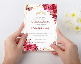 Modelo de convite de quinceañera de borboletas florais vermelho escuro rubi, convite de aniversário Mis Quince 15 anos, download instantâneo, editável, QUIN