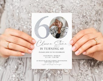 Silver Number 60th Birthday Invitation Template, 60th Birthday Invitation with Photo, Simple 60th Invitation, Seventy Birthday, 60THBI