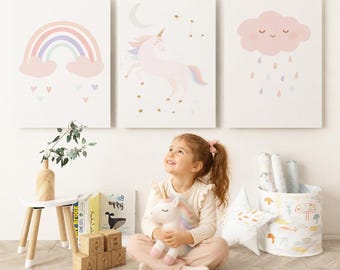 Set of 3, Unicorn Nursery Wall Art, Personalised, Girl Bedroom Unicorn Decor, Boho Unicorn Theme, Girls Bedroom, Pink Rainbow Decor,WART,UNC