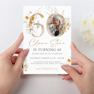 Gold Floral Number 60th Birthday Invitation Template, 60th Wildflower Birthday Invitation with Photo,Simple 60th Birthday Invitation, 60THBI