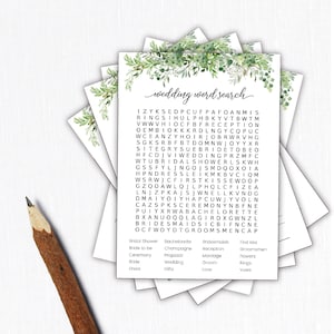 May include: A green and white wedding word search game card with a floral design. The card has a list of wedding-related words to find in the puzzle. The words include: bridal shower, bachelorette, bridesmaids, first kiss, bride to be, champagne, reception, groomsmen, ceremony, proposal, marriage, flowers, bride, wedding, groom, rings, dress, gifts, love, vows.