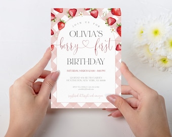 Berry First Birthday Pink Gingham Invitation Template With Photo, Berry First Birthday Invitation, Berry First Bday Invitation Digital, STRW
