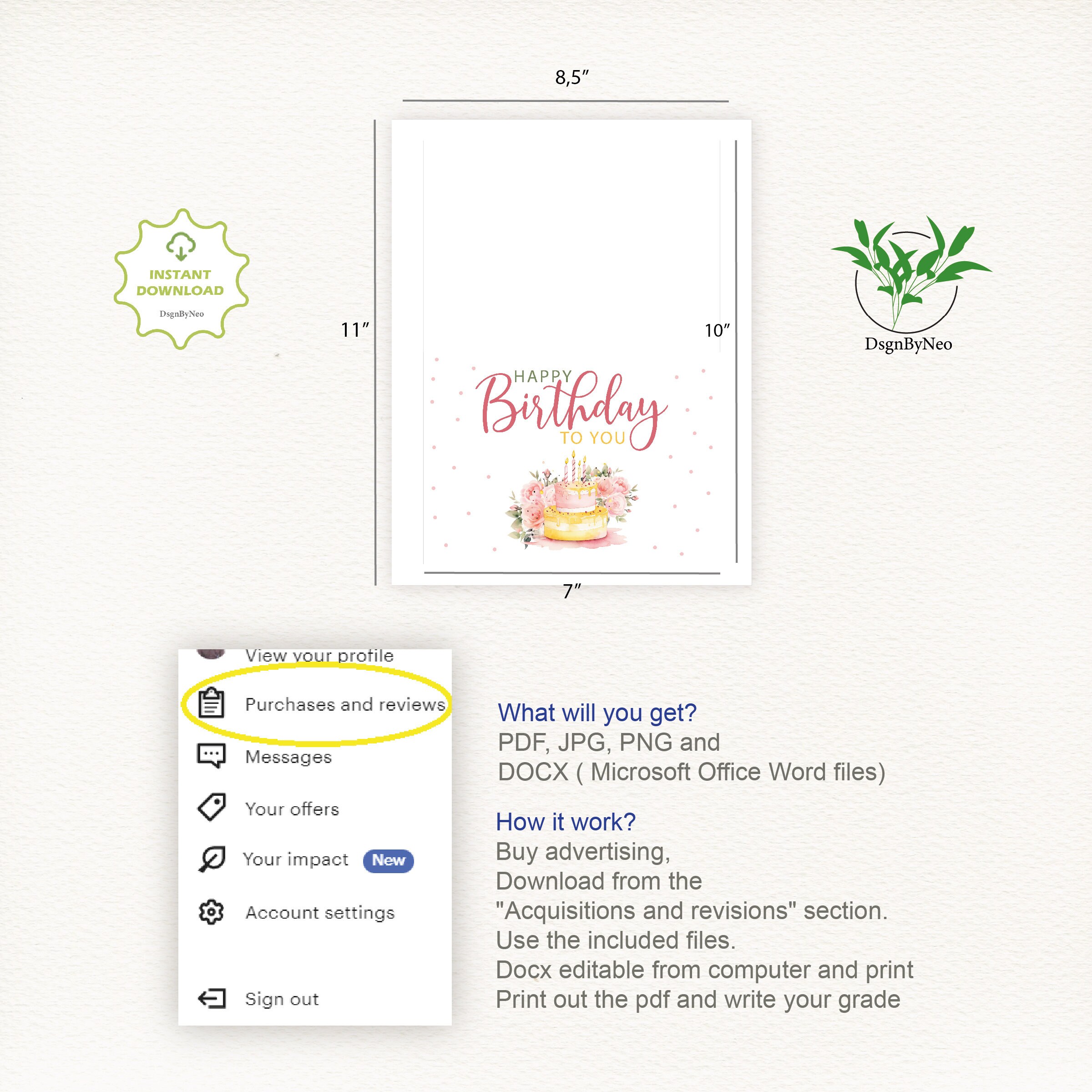 Happy Birthday Card, Digital Download Printable Birthday Card ...