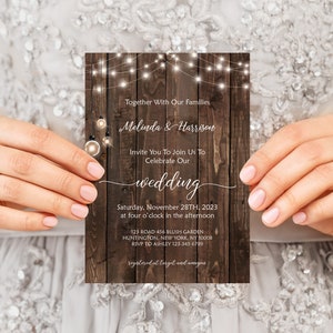 Rustic Wedding Invitation Template , Rustic Wood And Mason Lights, Instant Download, Self - Editable Template, RWDNG