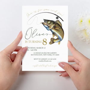 Bearbeitbare Walleye Angeln-Geburtstags-Einladungsvorlage, Geburtstag einladen, Fisch-Bday-Einladung, Reel im Spaß, Jungen-Bday mit Foto, FSHNG