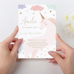 Modèle d'invitation d'anniversaire de licorne, invitation de fête de licorne, invitation de fête d'anniversaire magique pastel rose fille, invitation personnalisée, UNC