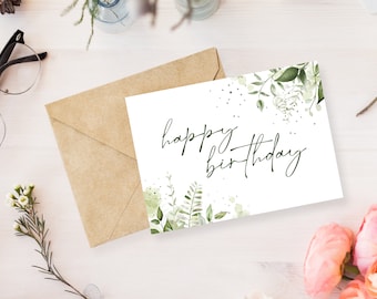 Happy Birthday Card, DIGITAL Download, Printable Birthday Card Featuring Colorful Greenery Floral, Printable Happy Birthday Card, EUCL