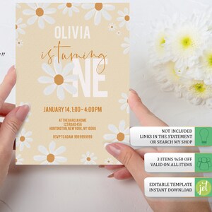 May include: A printable invitation for a first birthday party with a daisy theme. The invitation is yellow with white daisies and the text "Olivia is turning one" in brown and white lettering. The invitation includes the date and time of the party, the location, and RSVP information. The text "Not included links in the statement or search my shop" is in a lightbulb icon. The text "3 items %50 off valid on all items" is in a group of people icon. The text "Editable template instant download" is in a green and yellow jet icon.