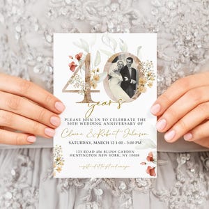 Modèle d'invitation de mariage floral or 40e anniversaire, modèle d'invitation photo d'anniversaire d'or, modèle modifiable, avec photo, 40THA