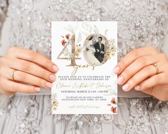 Gold Floral 40th Wedding Anniversary Invitation Template, Golden Anniversary Photo Invitation Template, Editable Template, With Photo, 40THA