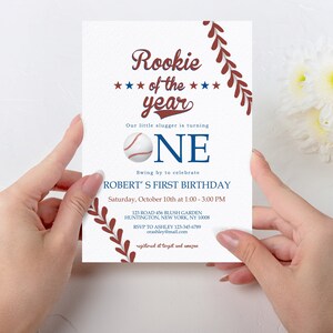 Baseball First Birthday Invitation Template, Rookie Of The Year Invite, Baseball Birthday Party, Boy Birthday Invite, Editable Template