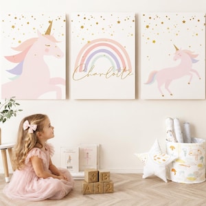 ユニコーンの子供部屋用ウォールアート3点セット、パーソナライズ、女の子の寝室用ユニコーン装飾、ボヘミアンユニコーンテーマ、女の子の寝室、ピンクの虹の装飾、WART、UNC