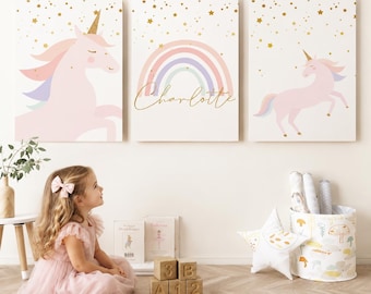 Set van 3, Eenhoorn Muurdecoratie voor de Kinderkamer, Gepersonaliseerd, Eenhoorn Decoratie voor Meisjeskamer, Boho Eenhoorn Thema, Meisjeskamer, Roze Regenboog Decoratie, WART, UNC