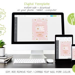 May include: A digital template for a first birthday party invitation. The invitation features a pink background with white daisies and gold lettering. The text on the invitation reads "Olivia is turning one".