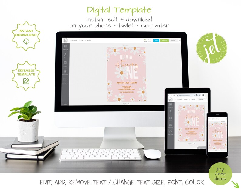 May include: A digital template for a first birthday party invitation. The invitation features a pink background with white daisies and gold lettering. The text on the invitation reads "Olivia is turning one".