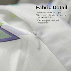 May include: A white fabric surface featuring a hidden zipper closure with a white pull tab. Text on the image reads: Fabric Detail, Premium invisible zipper, Seamlessly hidden design for a flawless finish, Elevates your comfort experience.